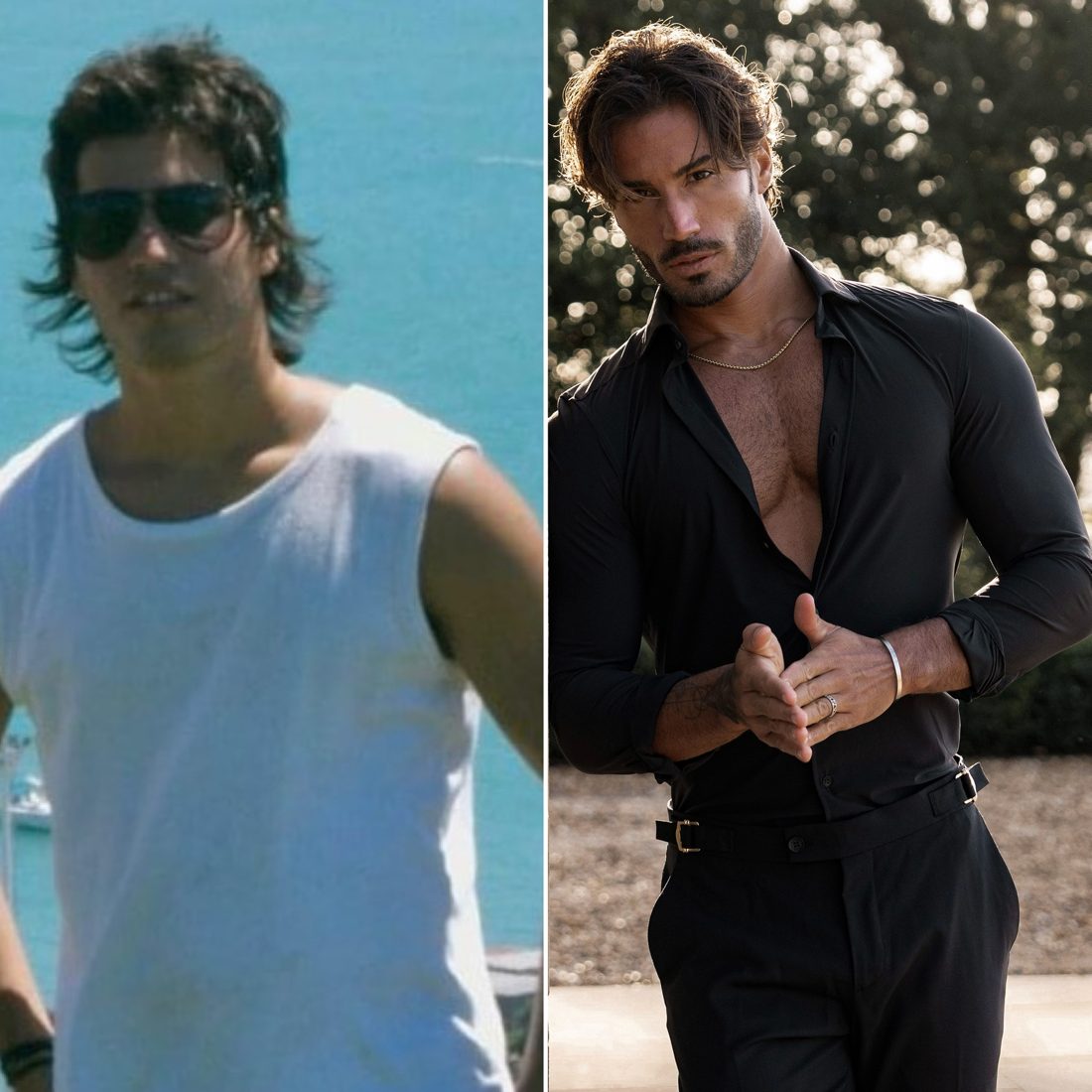 Franco before and after: a soft, untrained young man in a white tank top, and today in a fitted black shirt, lean, with a sharp jawline and flowing hair